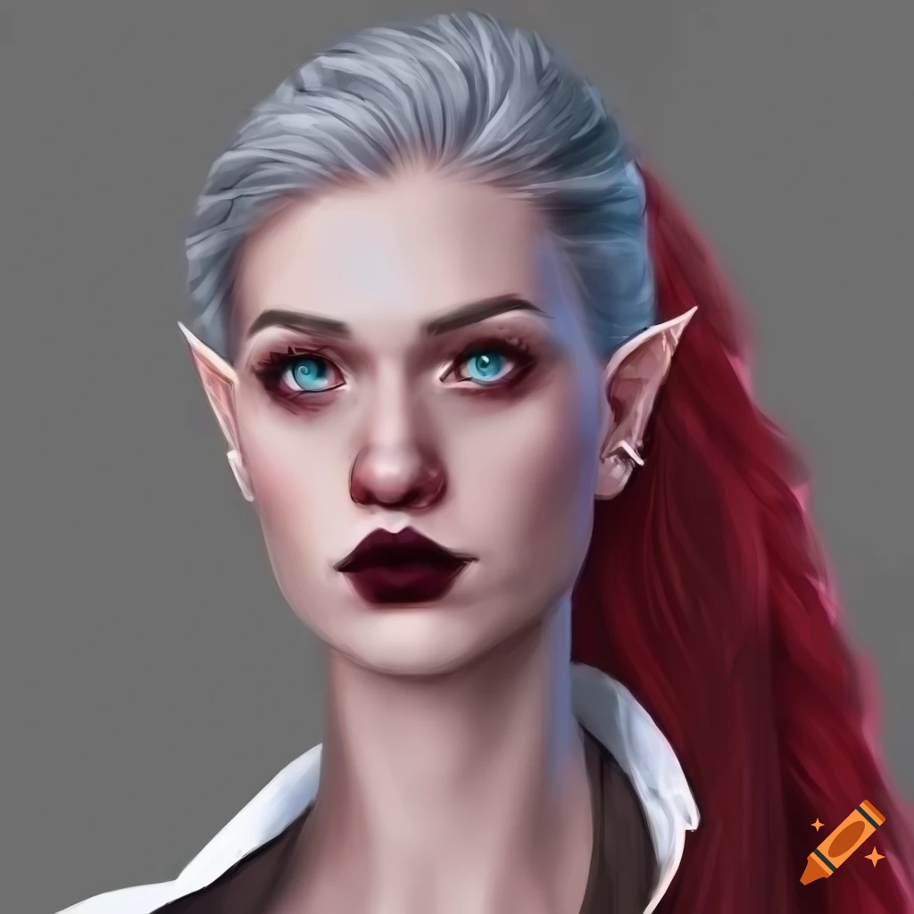 Semi-realistic depiction of a superheroine with crimson-grey hair and ...