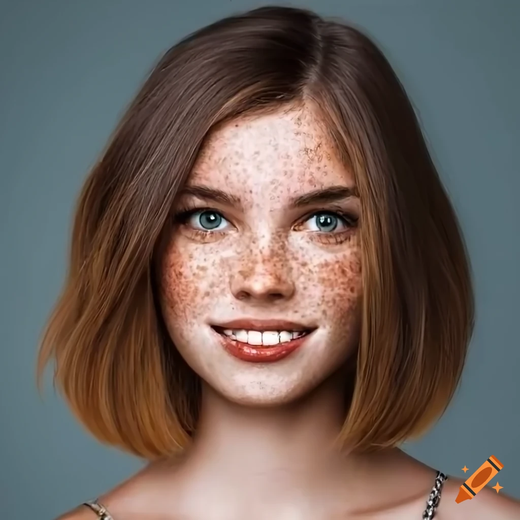 portrait of a young woman with a shy smile and delicate freckles