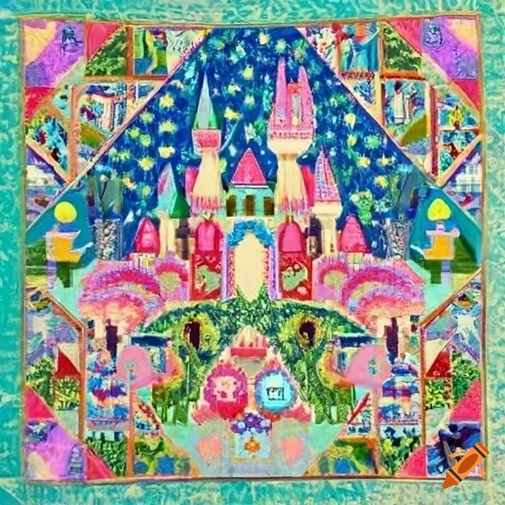Colorful vintage quilt design with a storybook castle scene on Craiyon