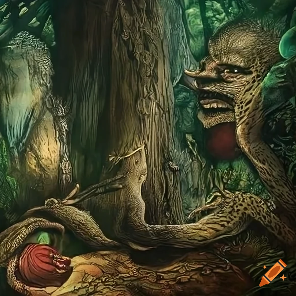 Illustration of a jungle landscape with animal-human hybrids on Craiyon