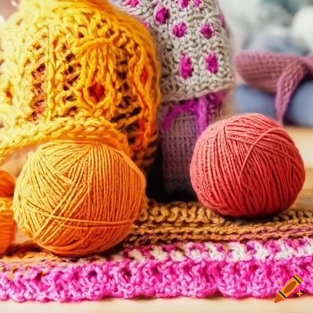 colorful crochet bag on a table with knitting supplies