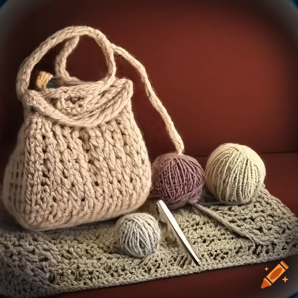 Vivid crochet shoulder bag on a table with knitting supplies on Craiyon