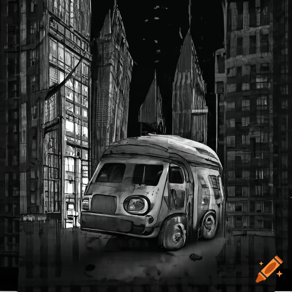 flying van in a post-apocalyptic city