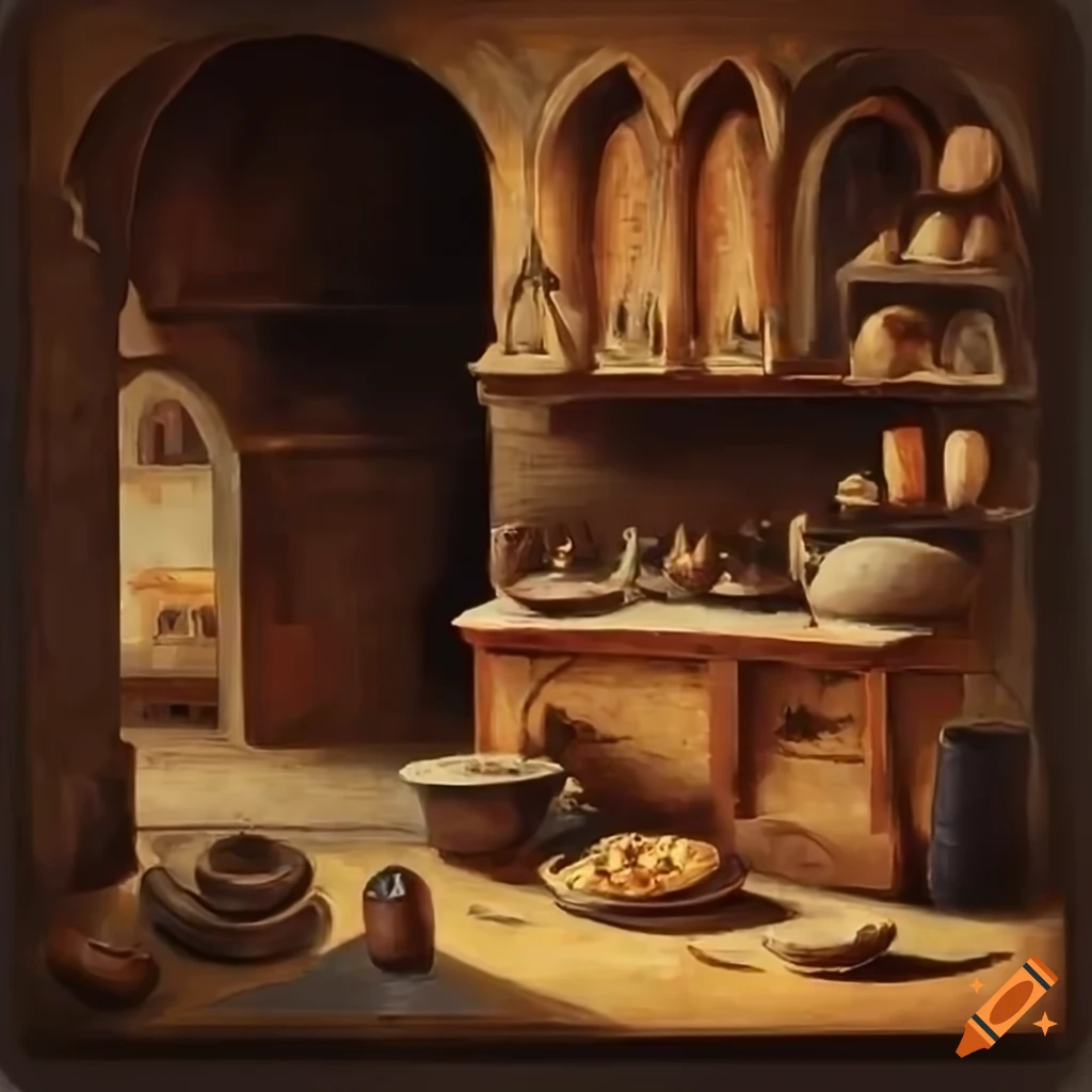 Painting of a medieval kitchen with utensils