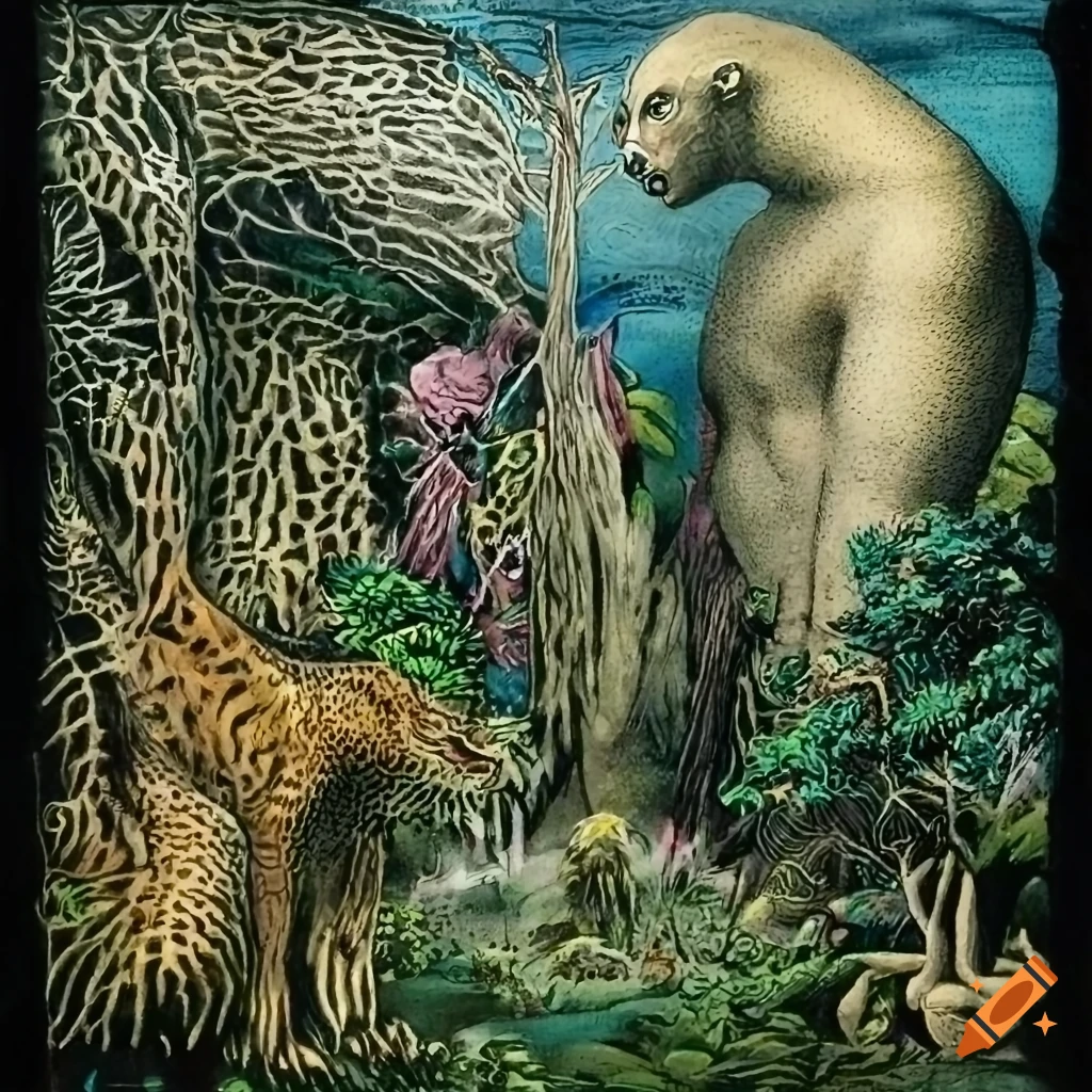 Artwork of a jungle landscape with animal-human hybrids on Craiyon