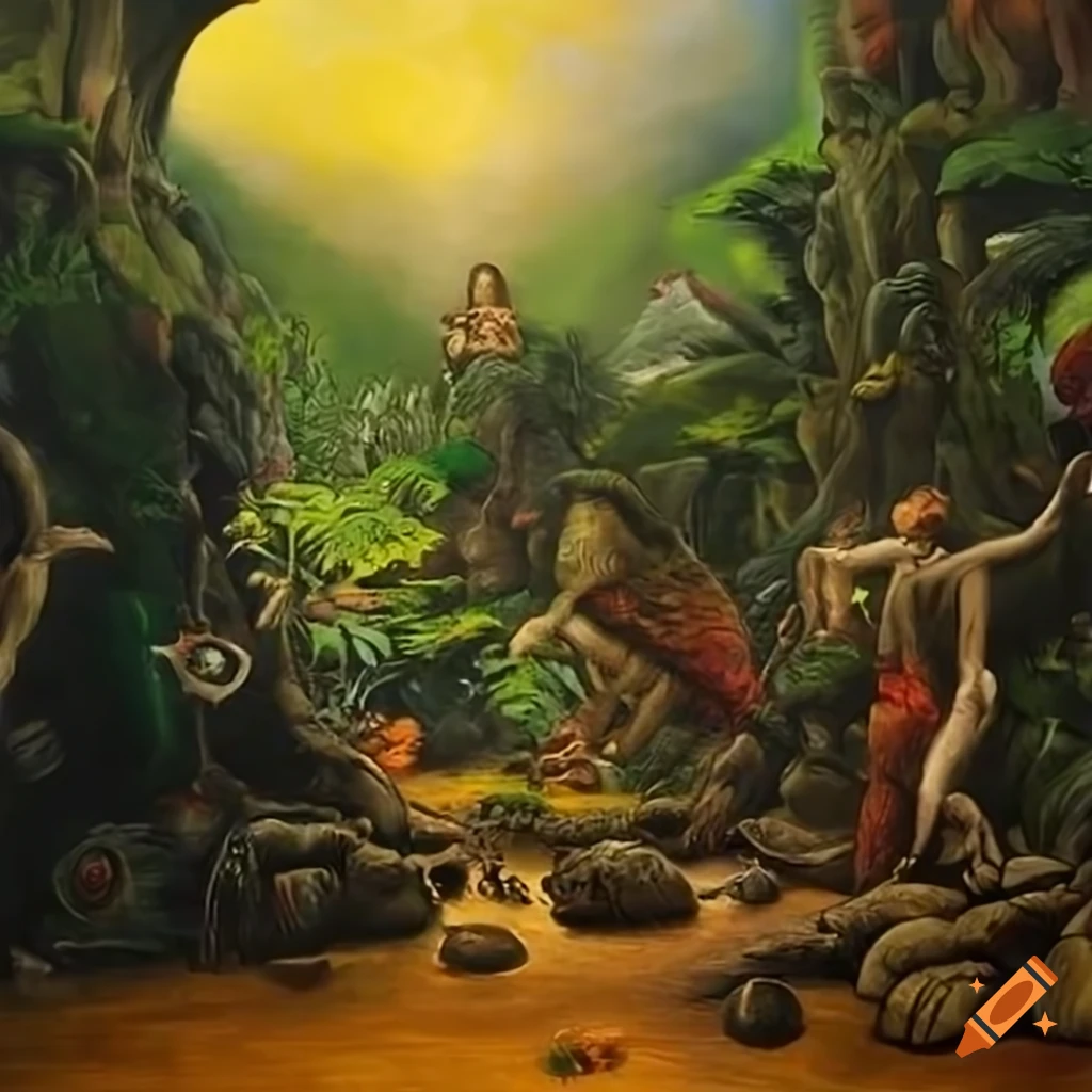 Wide panorama of a jungle landscape with animal-human hybrids on Craiyon