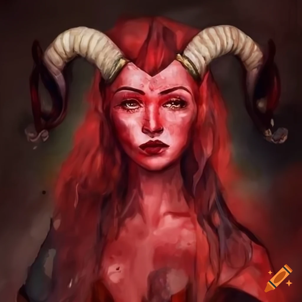 Portrait of a tiefling woman with red skin and ram horns