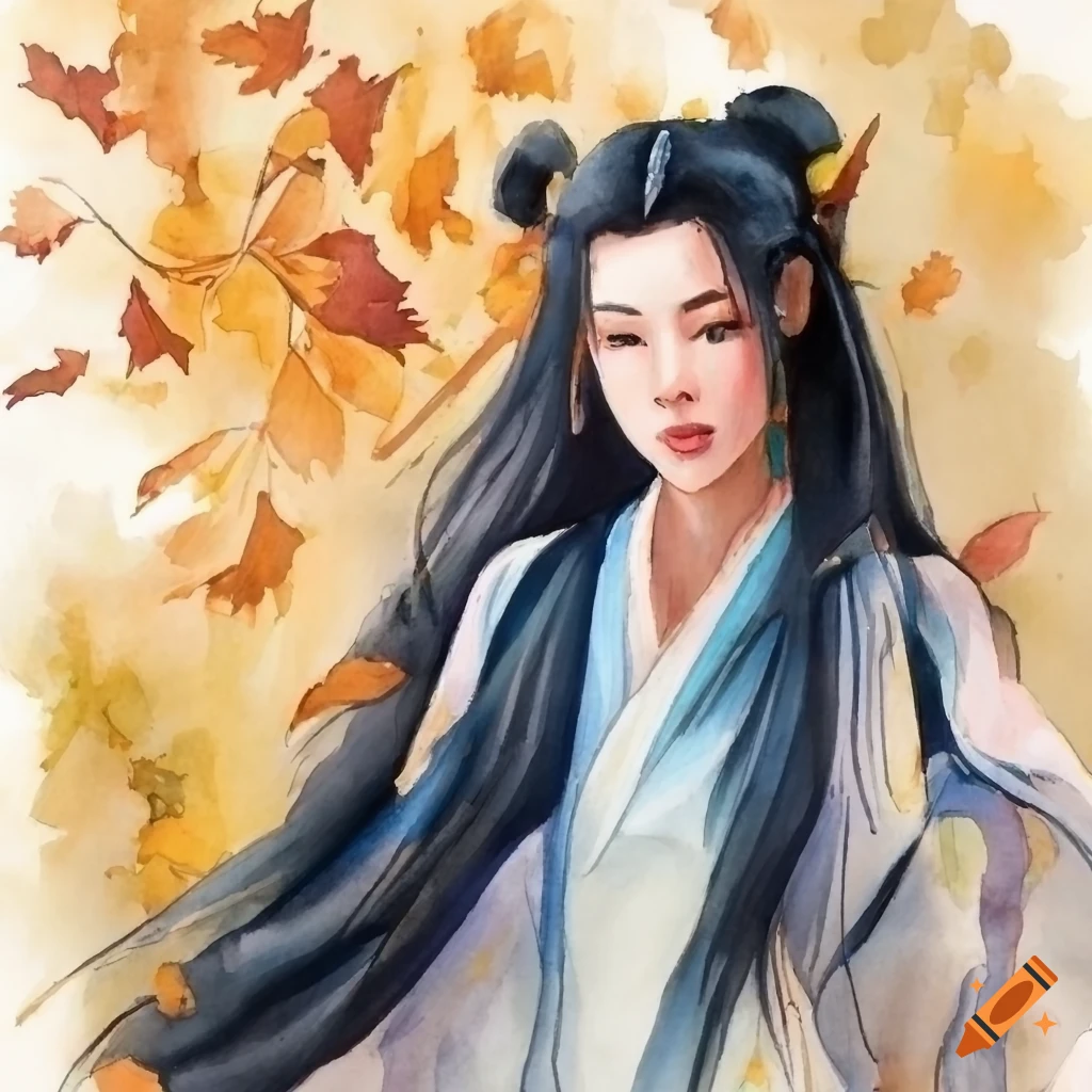 watercolor artwork of a young lady in a wuxia setting