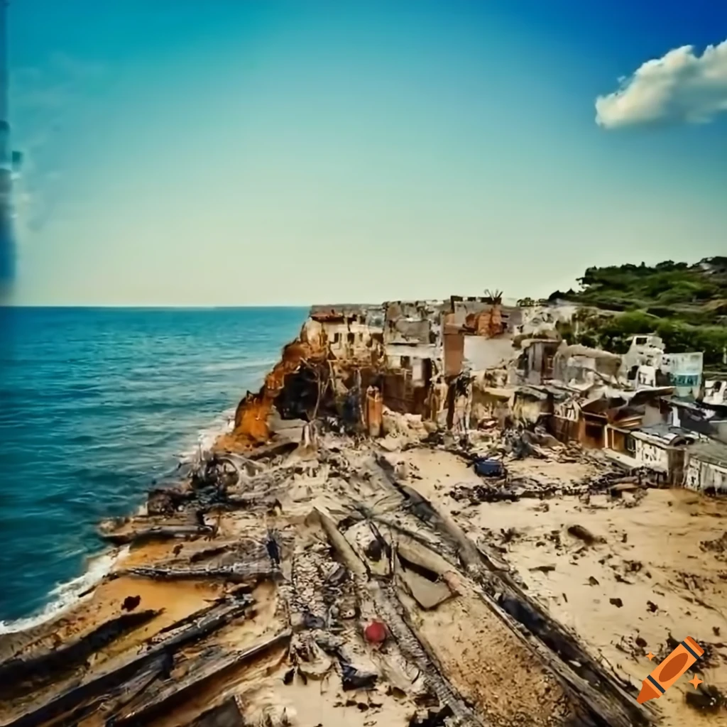 Scenic view of a town by the beach with cliffs and cacti on Craiyon