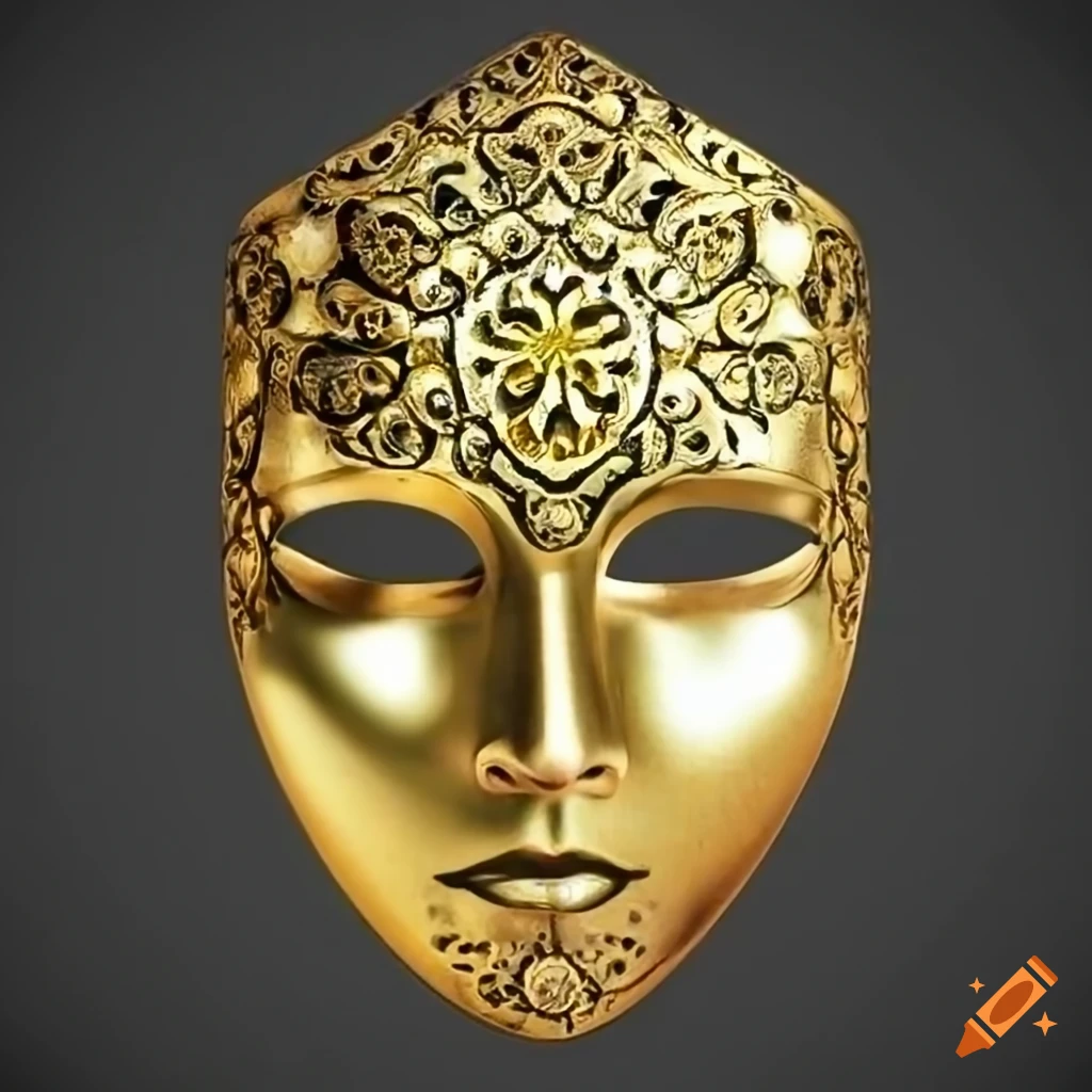 Golden sun face mask with intricate design
