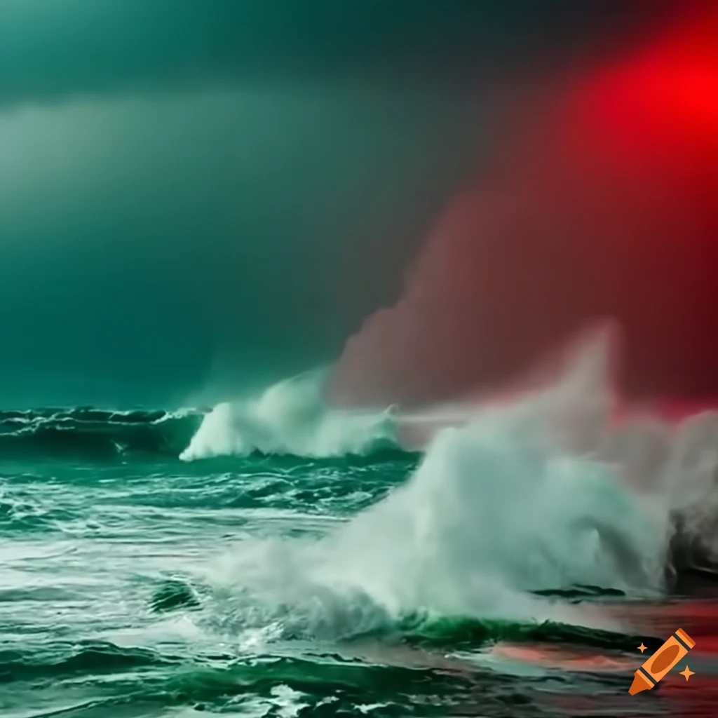 scene from a dark fantasy movie with stormy ocean and giant waves