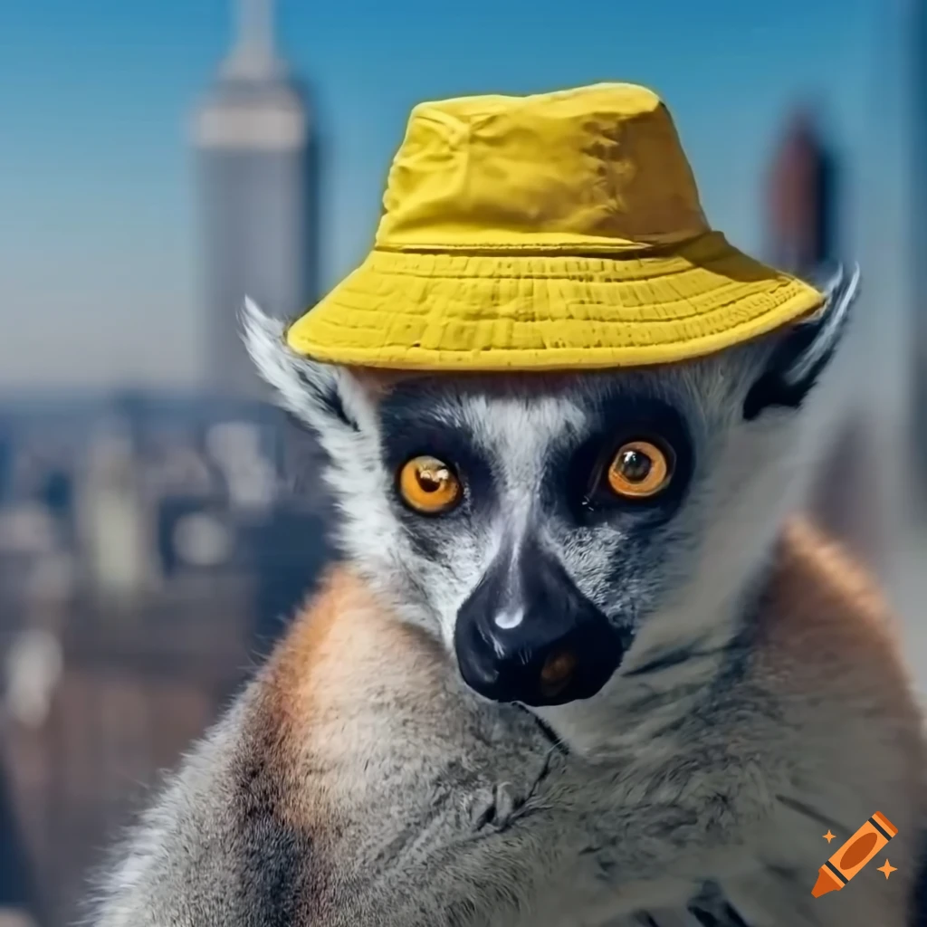 happy-lemur-wearing-a-yellow-bucket-hat-with-new-york-in-the-background