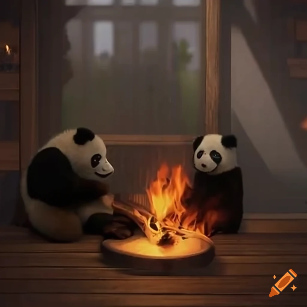 Pandas enjoying rain by the bonfire on Craiyon, image size:1024x1024