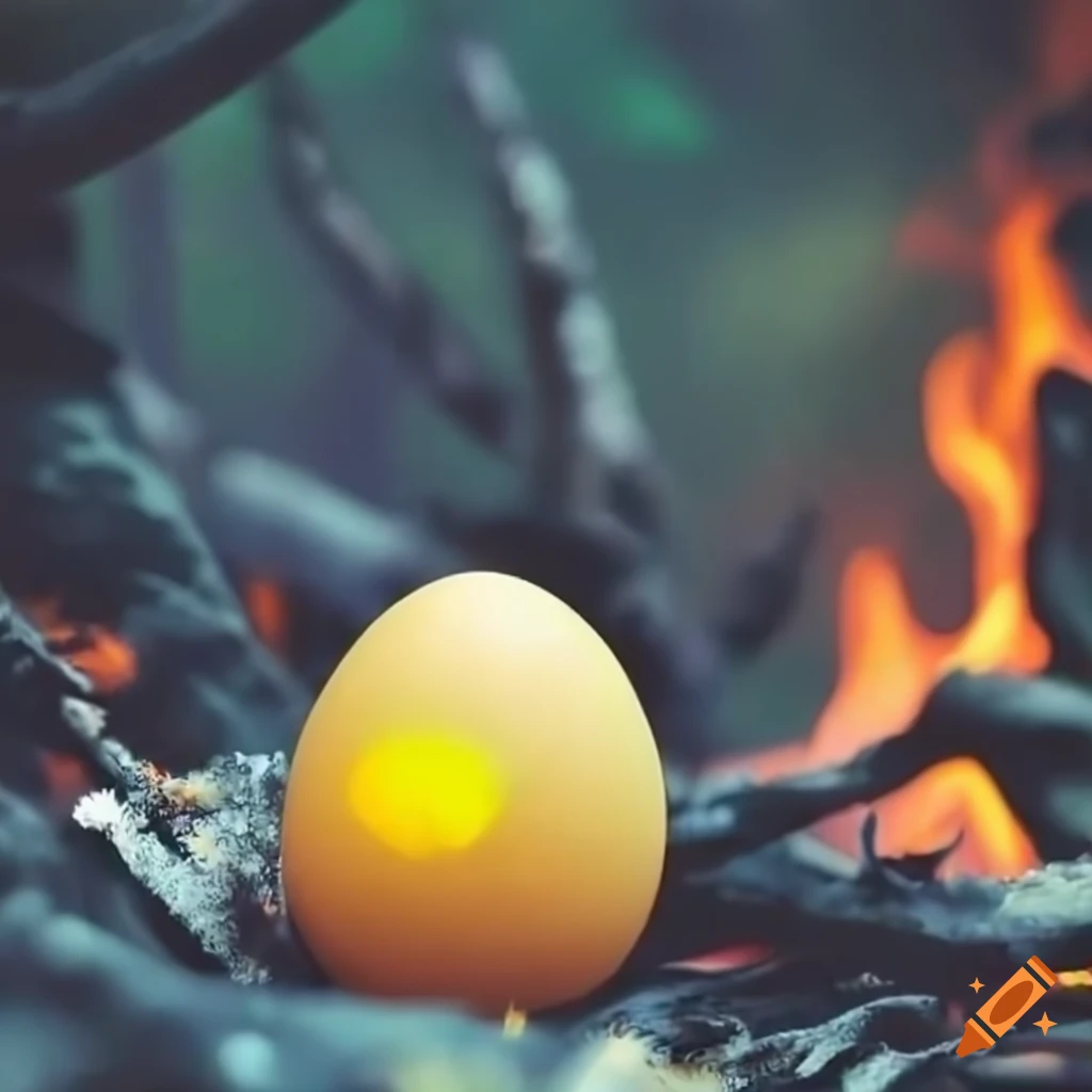 image of a frozen egg amidst burning trees
