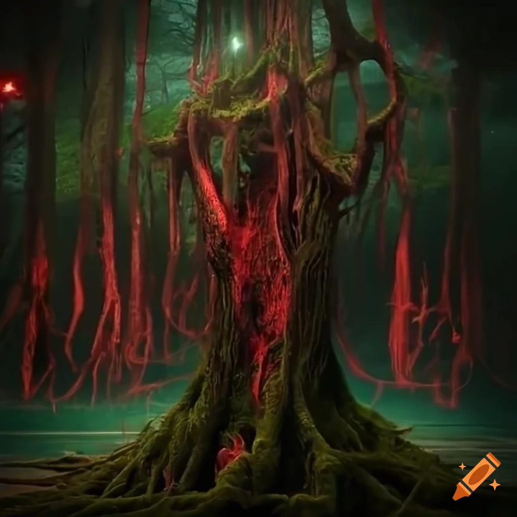 Dark fantasy movie scene with glowing roots and vines on Craiyon