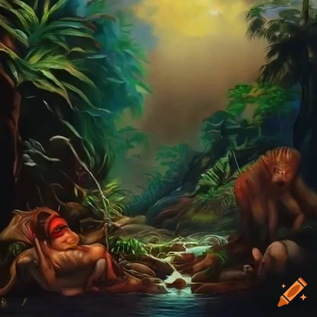 illustration of jungle landscape with animal-human hybrids