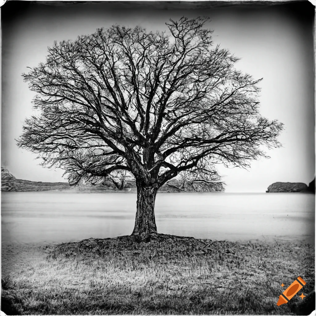 black and white illustration of a coastal live oak tree