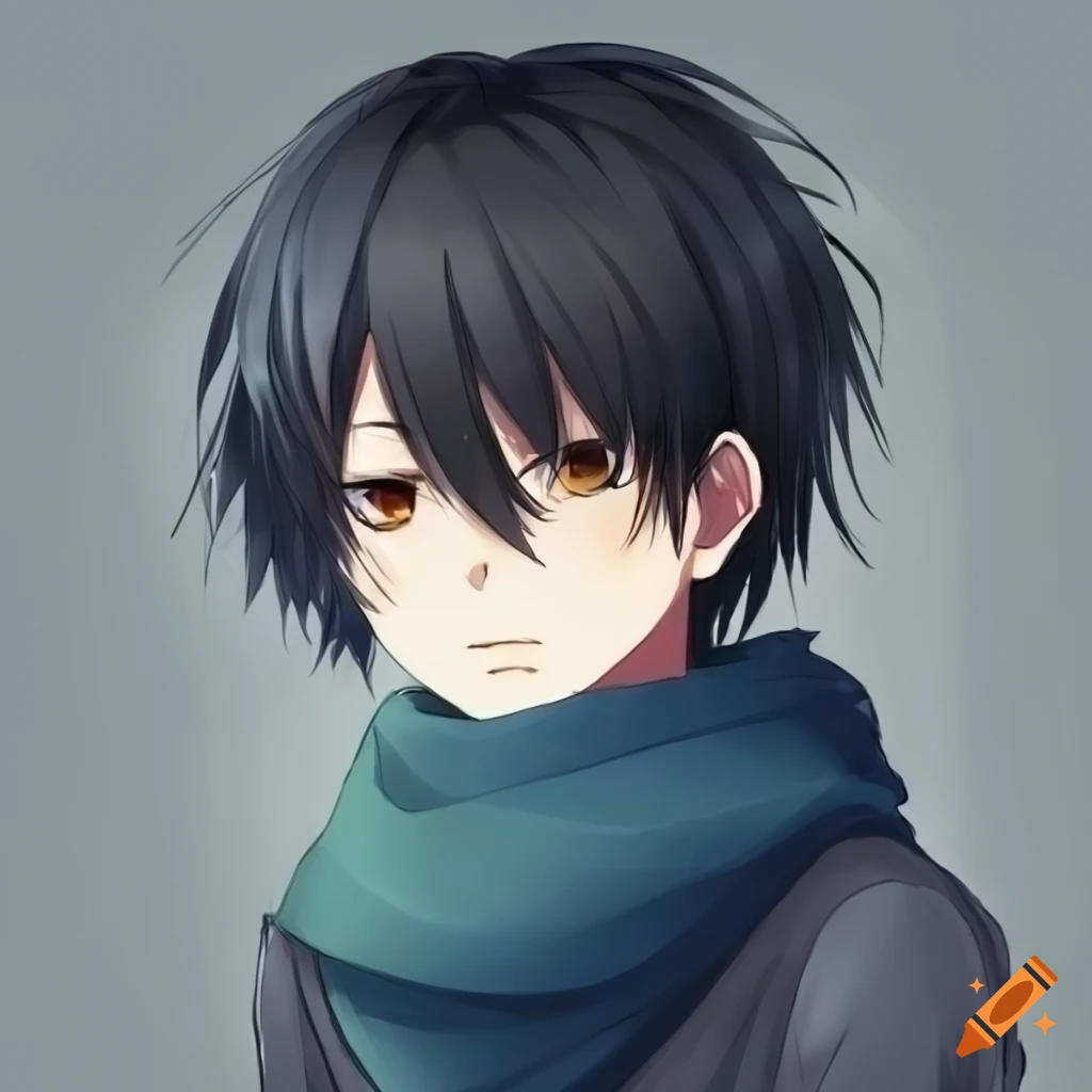 anime boy with a sad expression and blue scarf