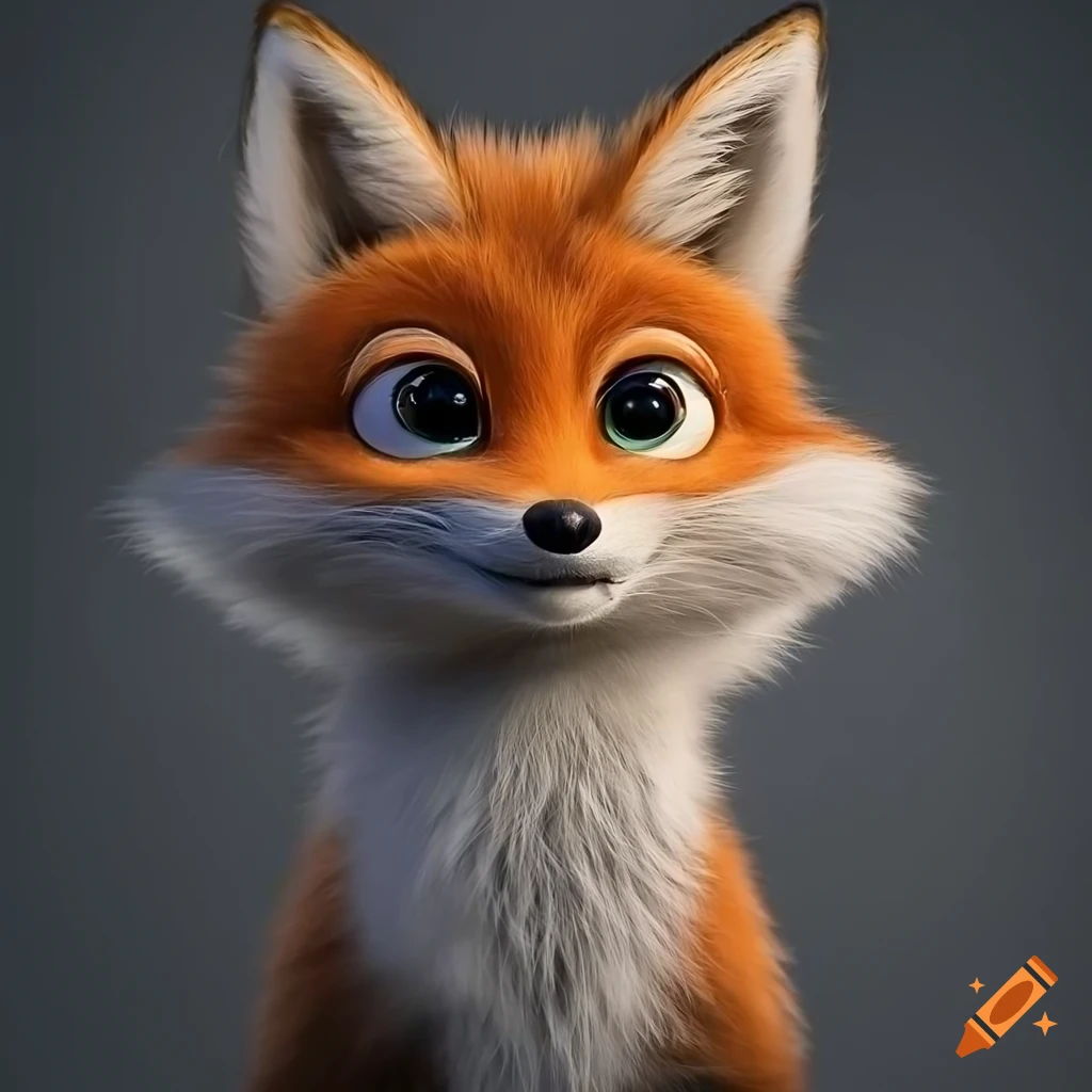 Pixar illustration of a cute and curious baby fox