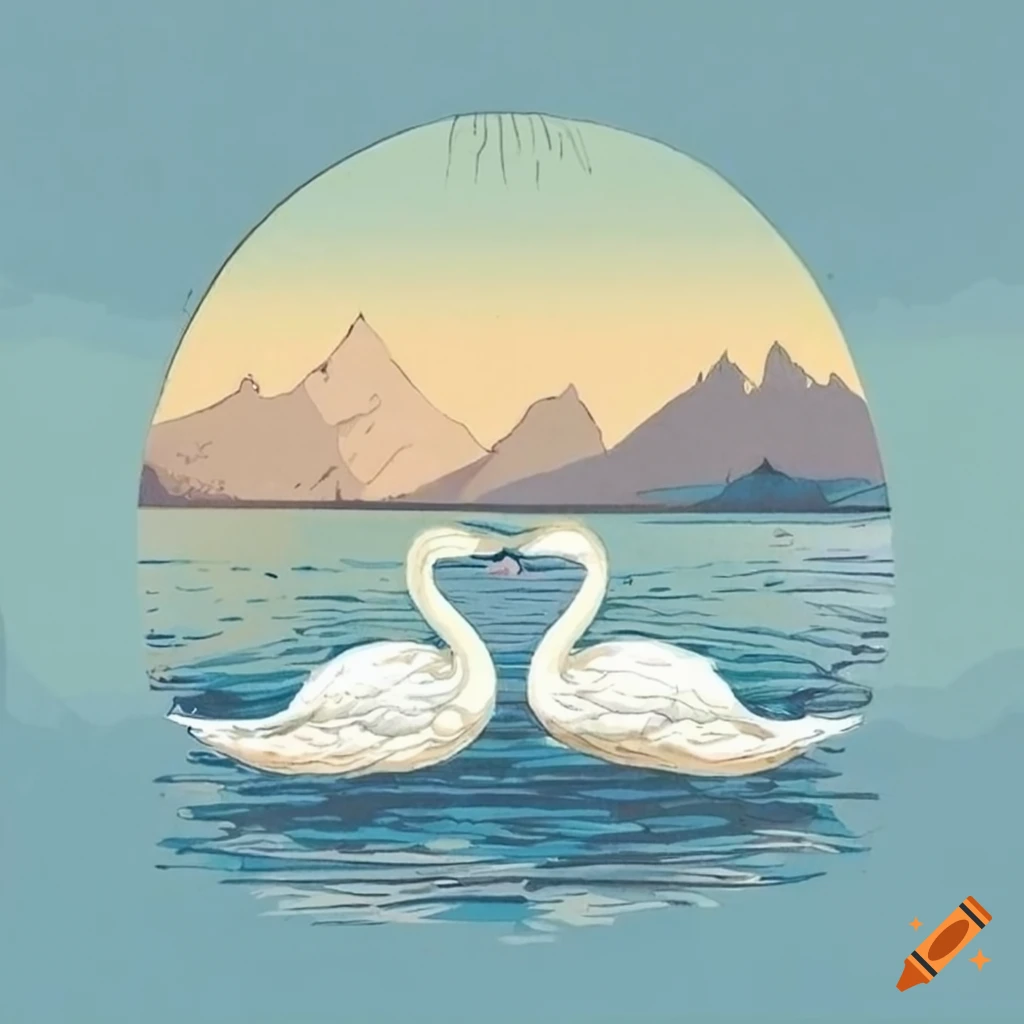 elegant art of swans with mountains in the background