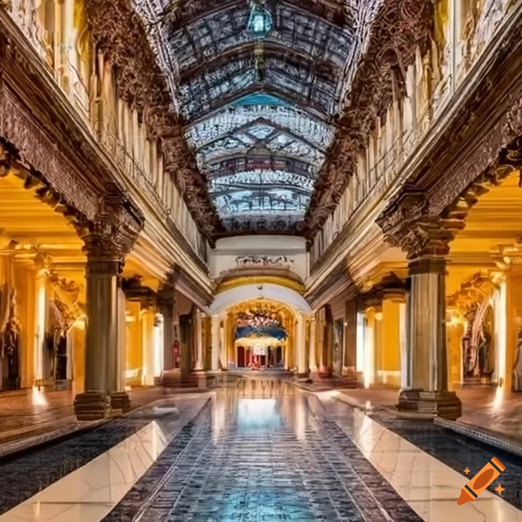 interior of a grand shopping mall with tall ceilings
