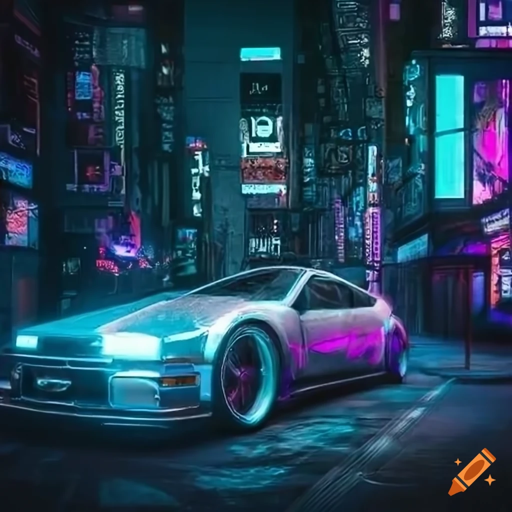 Cyberpunk car in futuristic cityscape on Craiyon