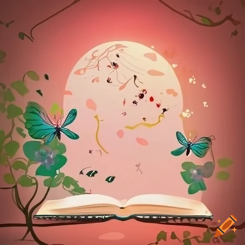 Design of an open book with vines and butterflies