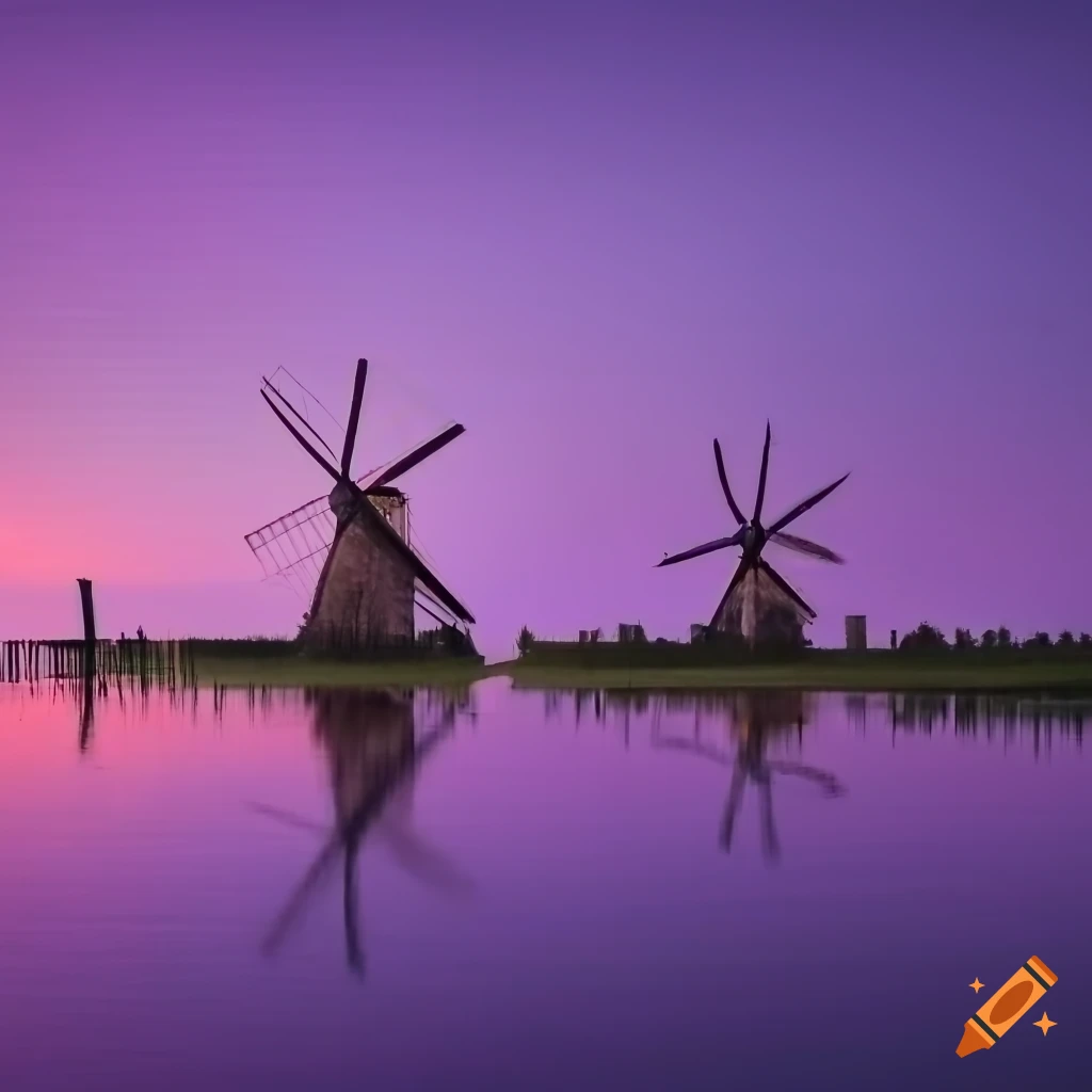 sunset with picturesque wooden windmills