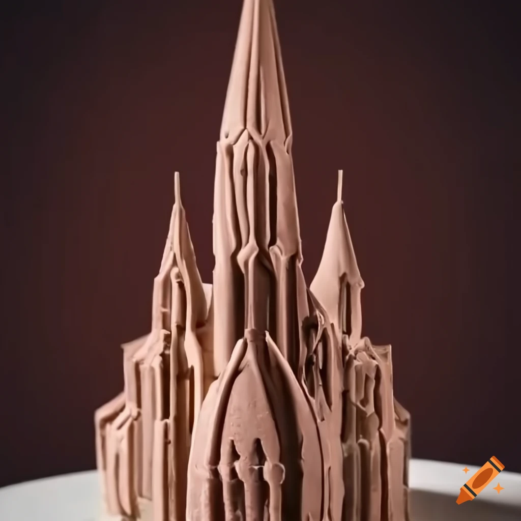 edible chocolate cathedral on a cake in a fancy restaurant