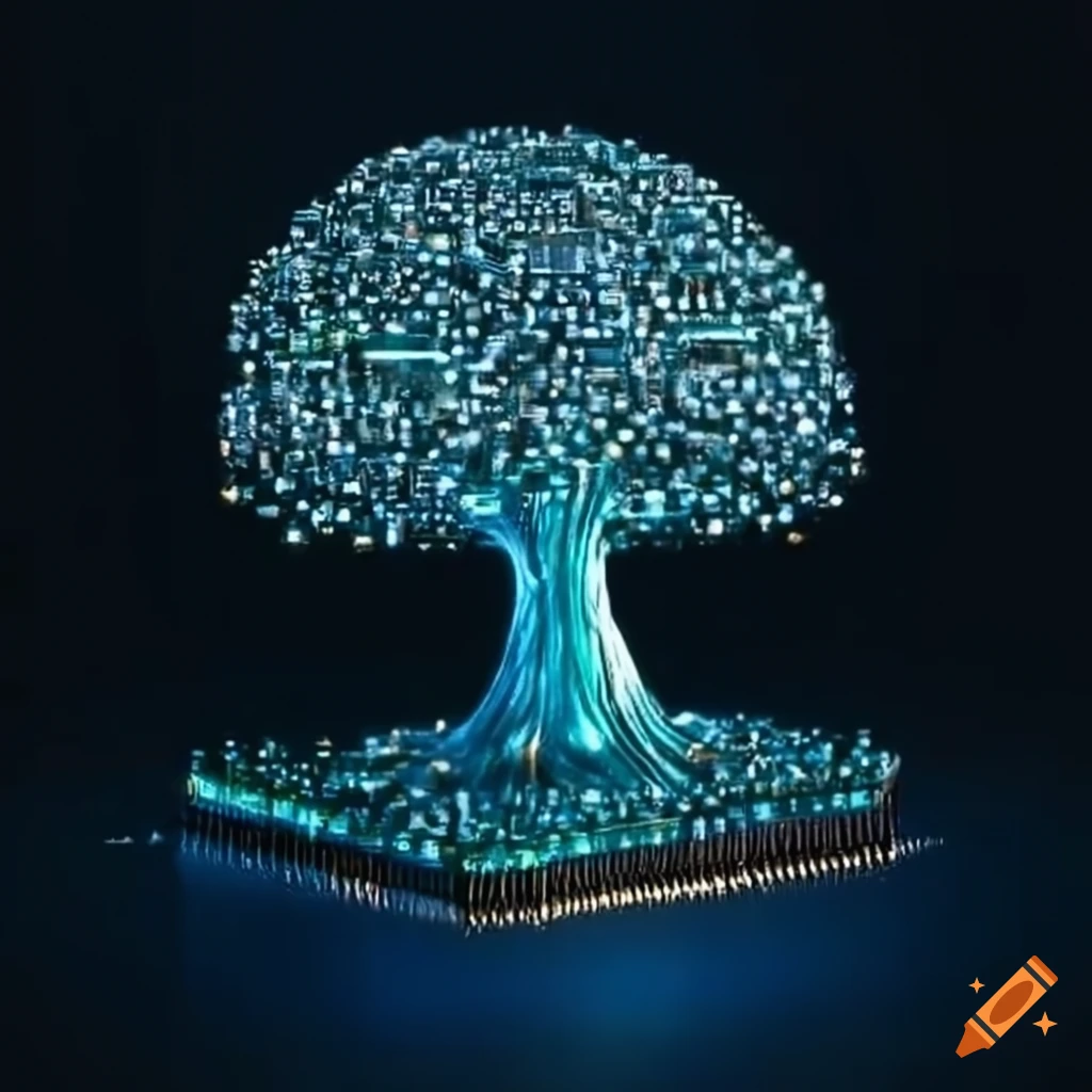 Artistic representation of a tree made from integrated circuits on Craiyon
