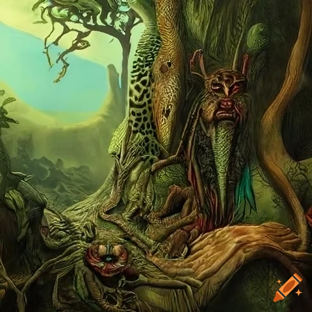 Illustration of a jungle landscape with animal-human hybrids on Craiyon