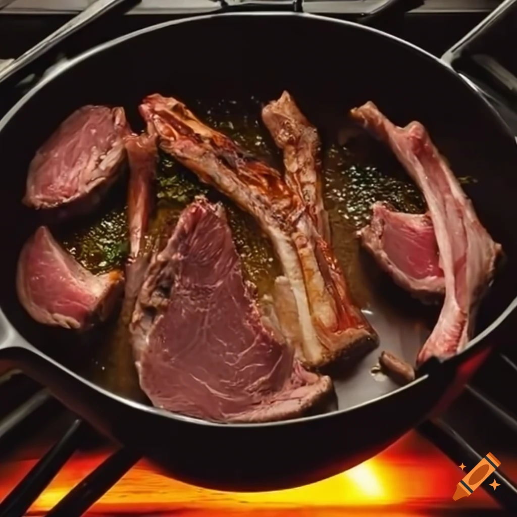 Lamb rack cooking in skillet