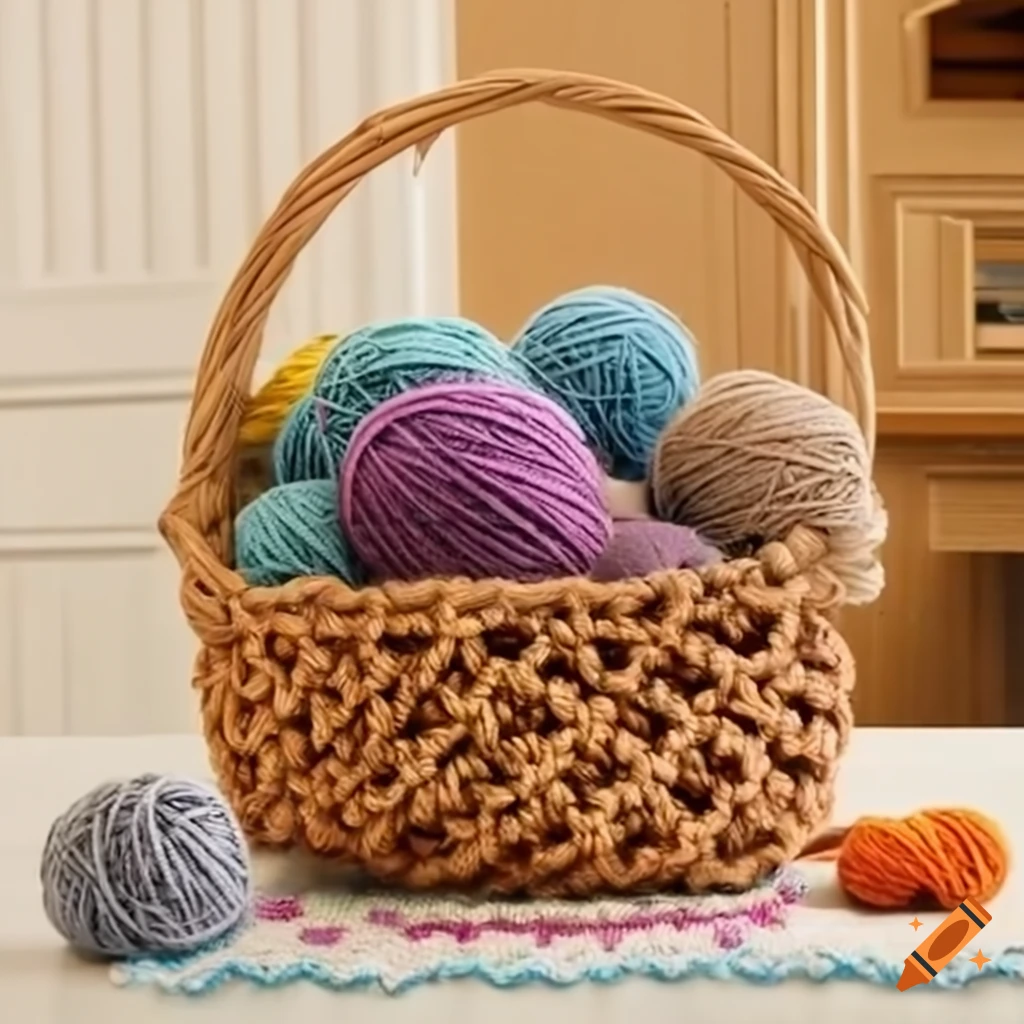 crochet basket with knitting yarn balls and needles