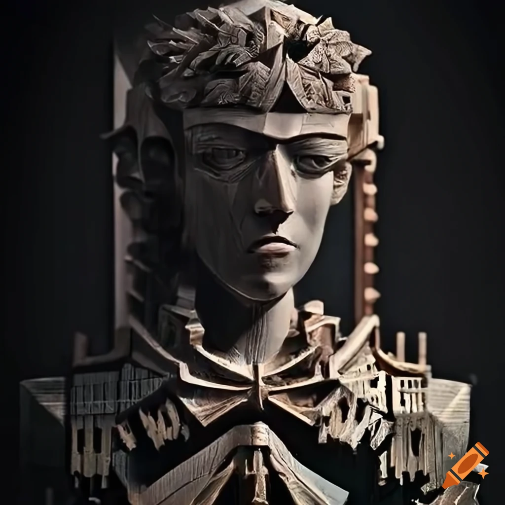 sculpture of a Gundam motif in Architectural Stave carving style