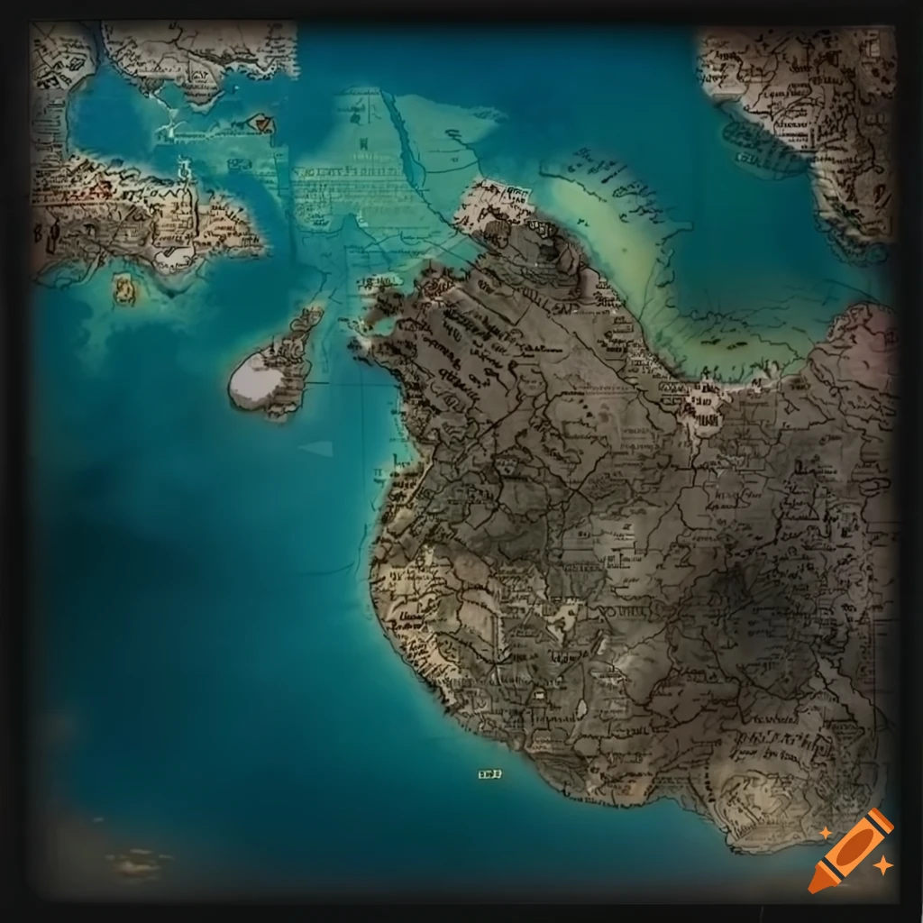 Intricate map of the five mystical kingdoms of avalon with castles and