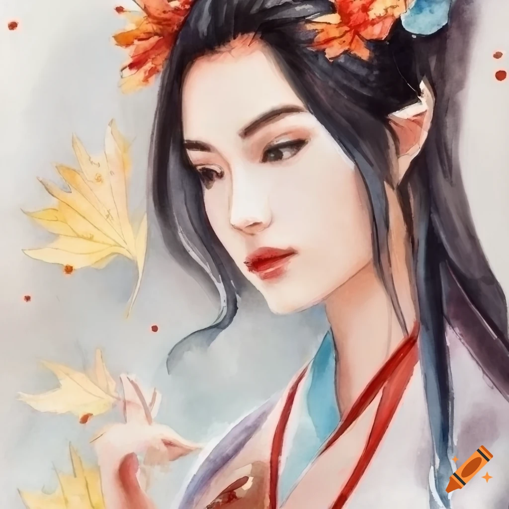 watercolor artwork of a young lady in a wuxia setting