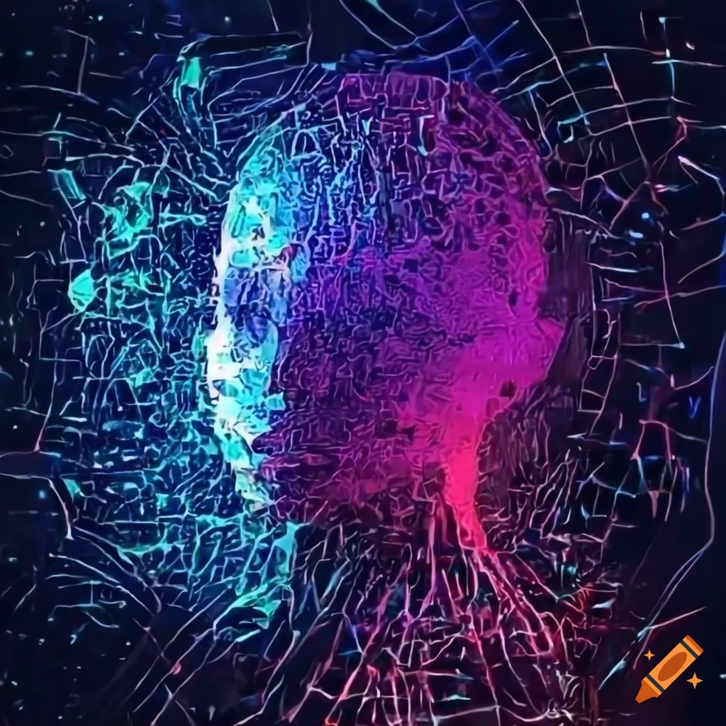 Abstract digital artwork with human and algorithm elements on Craiyon