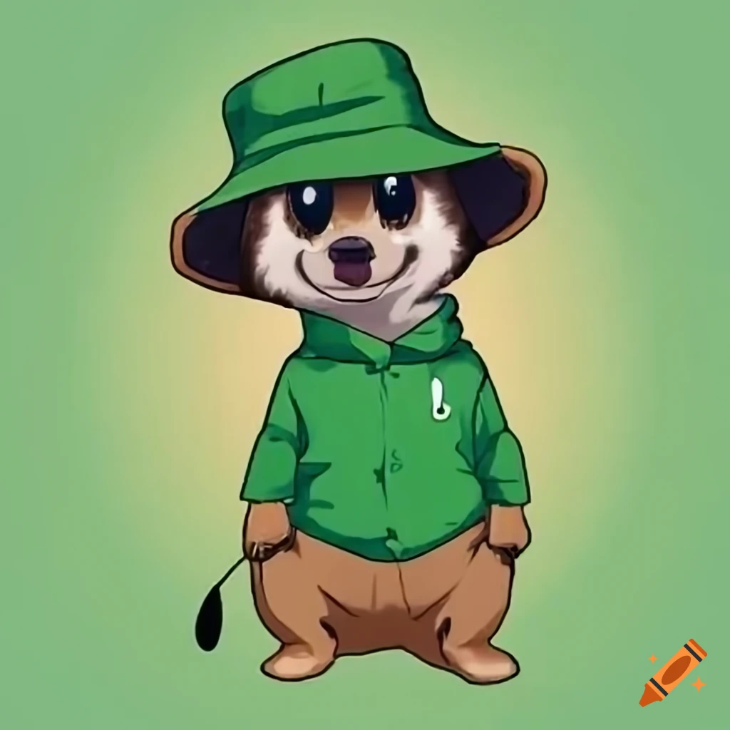Meerkat wearing a green golf shirt and bucket hat