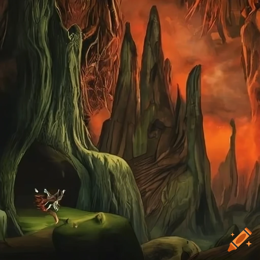 illustration of jungle landscape with animal-human hybrids