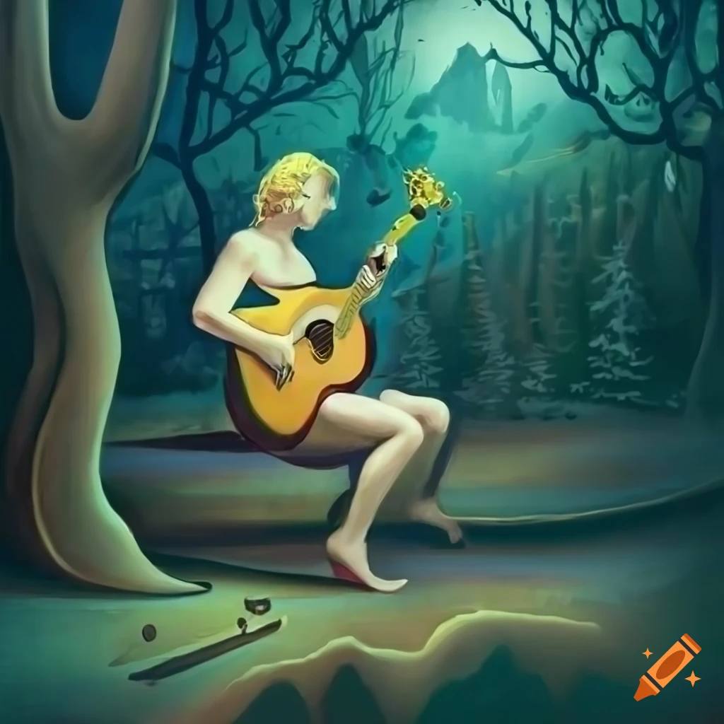 mystical artwork of a blonde male musician playing guitar in a magical forest
