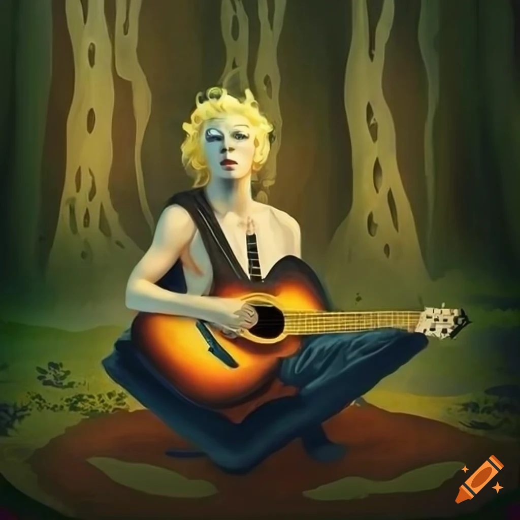 mystical artwork of a blonde male musician playing guitar in a magical forest