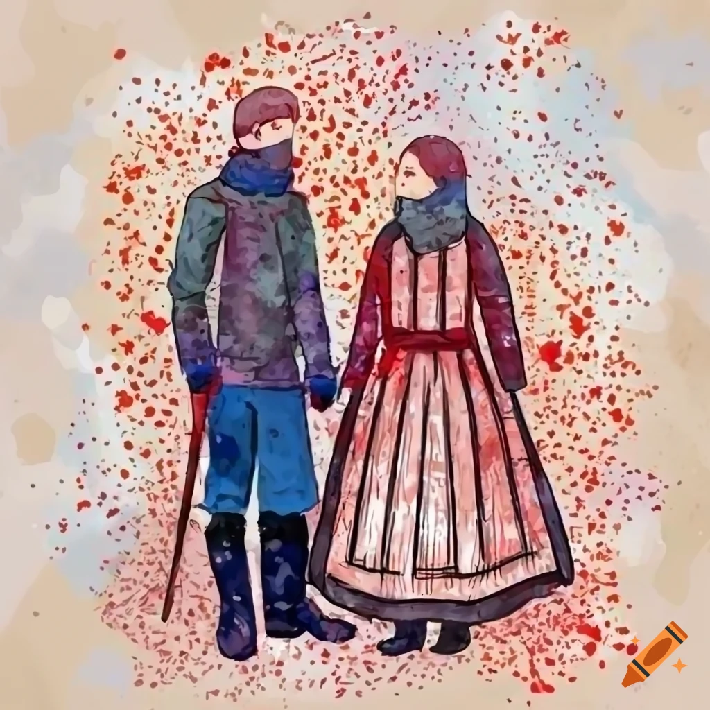 digital sketch of a Russian couple in winter attire
