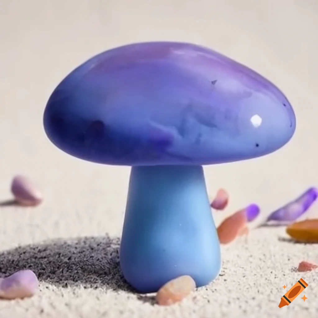 blue, lavender and pink cat's eye mushroom on white sand