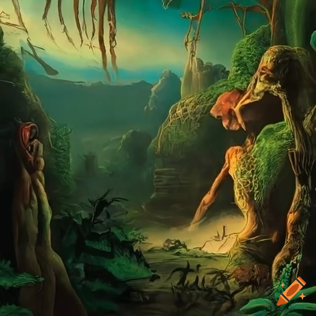 Panoramic jungle landscape with animal-human hybrids on Craiyon