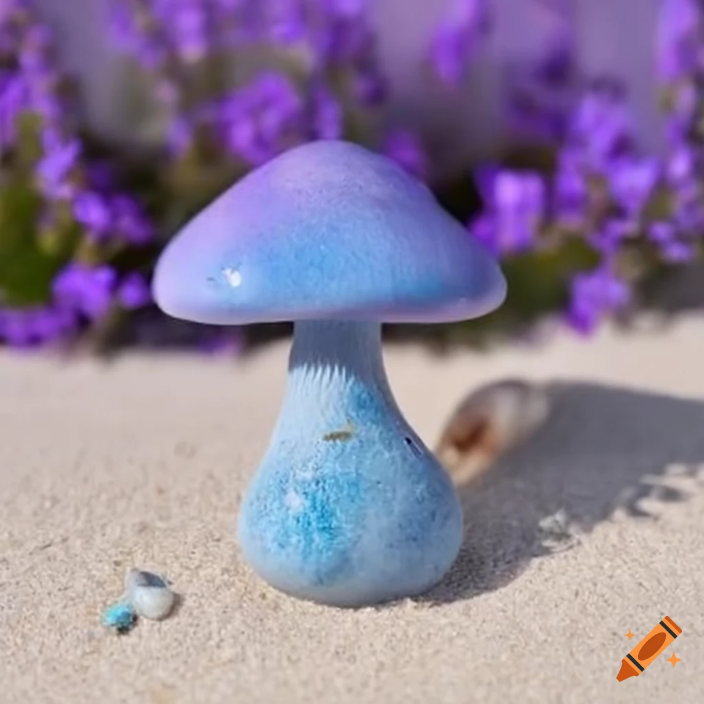 blue, lavender, and pink cat's eye stone mushroom on white sand