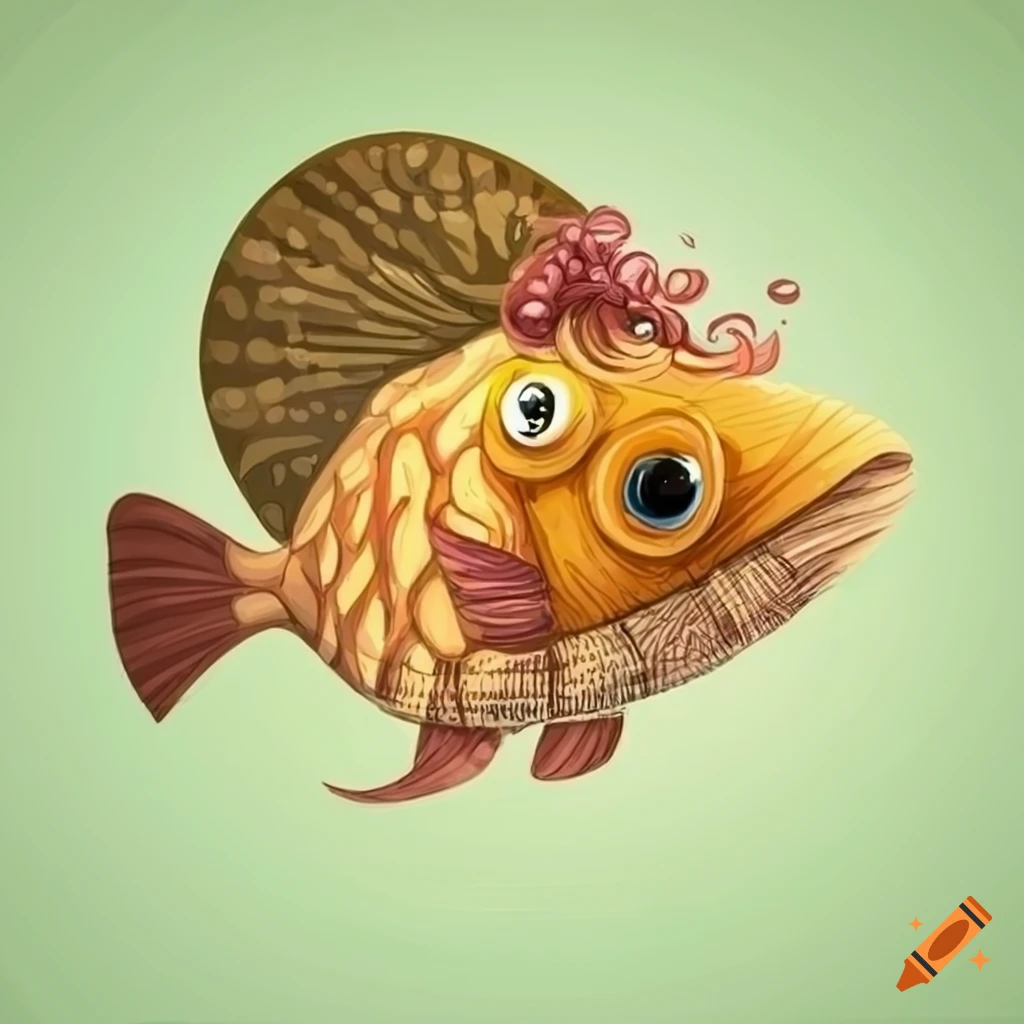Illustration of a fish with curly hair wearing a cone hat on Craiyon