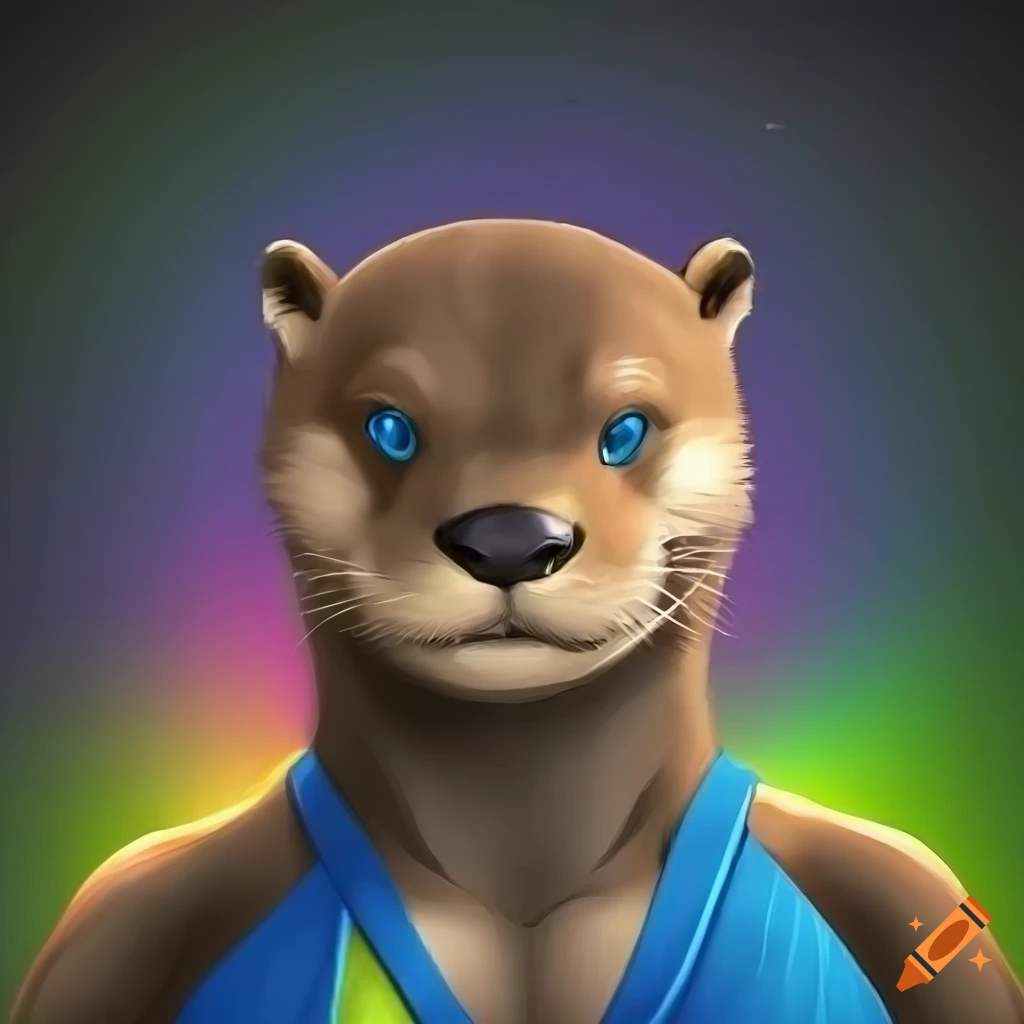 digital art of a male otter with blue eyes and harness