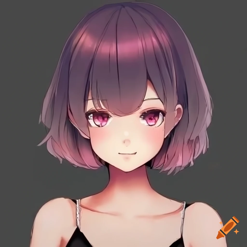 Anime style, woman with brown short hair, french bob hairstyle with bangs,  blue-grey eyes, wavy hair, discord profile picture, calm, front facing