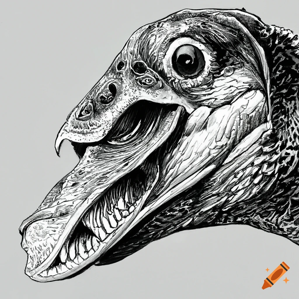 black and white ink drawing of a dino duck