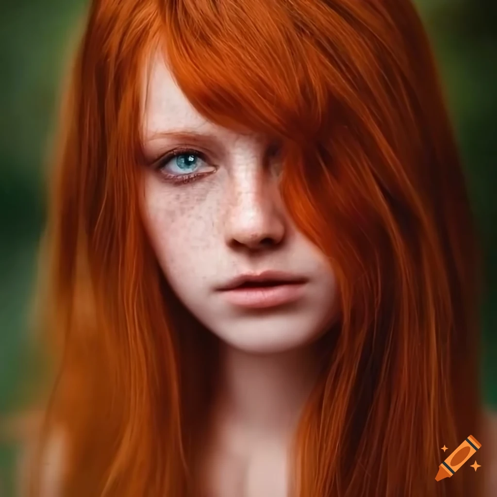 Portrait of a red-haired girl with freckles and green eyes on Craiyon